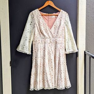 Eliza J Faux Wrap Bell Sleeve Geo Lace Midi Dress Cream Boho